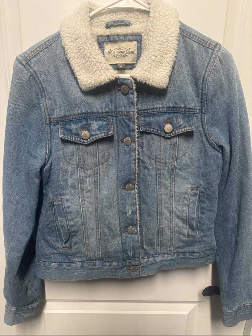 Ashley Vintage Charm Light Blue Denim Jacket with Cream Sherpa Collar